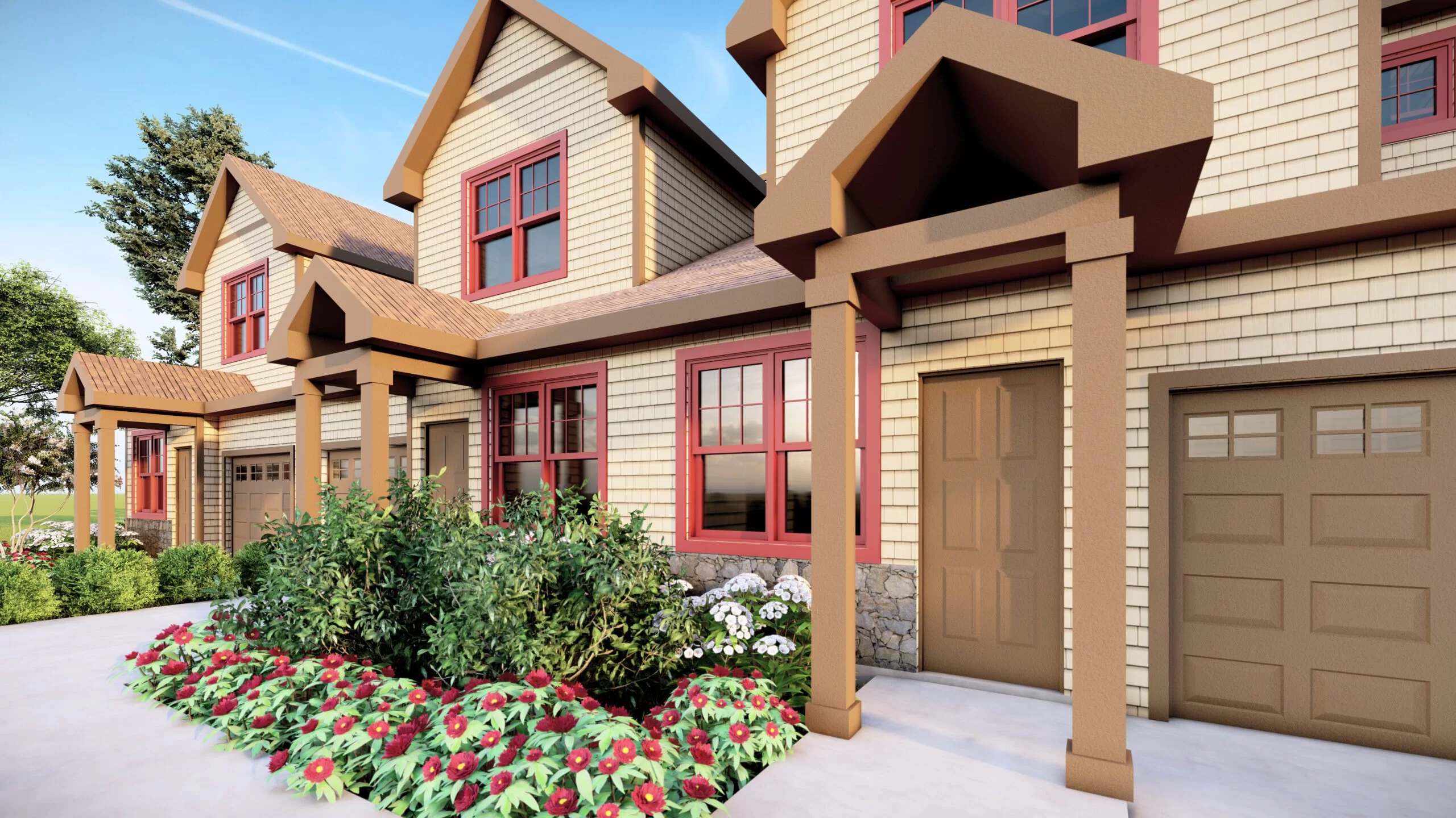 Tan and brown home with red trimmed windows and floral landscaping.